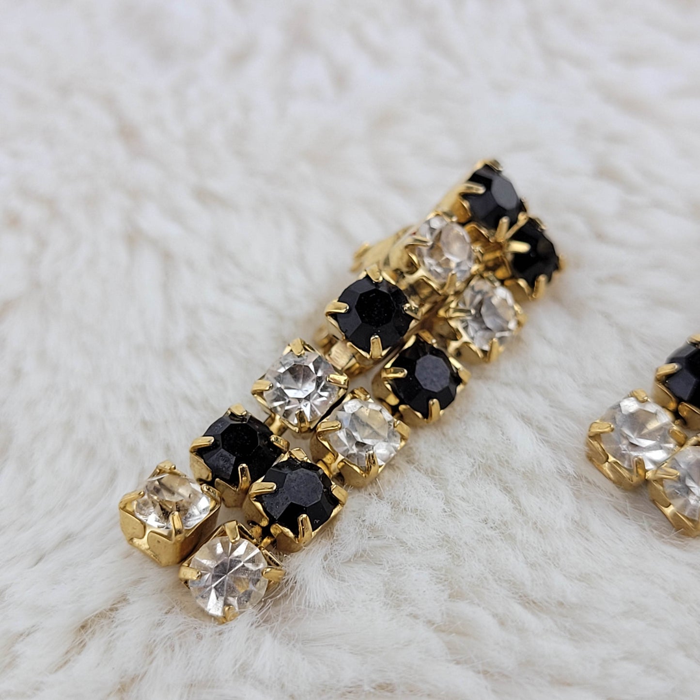 1950's Black and Clear Rhinestone Two Row Dangle Earrings by Trifari