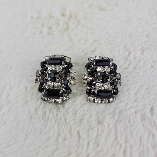 1940's Clear and Black Rhinestone Cluster Screwback Earrings