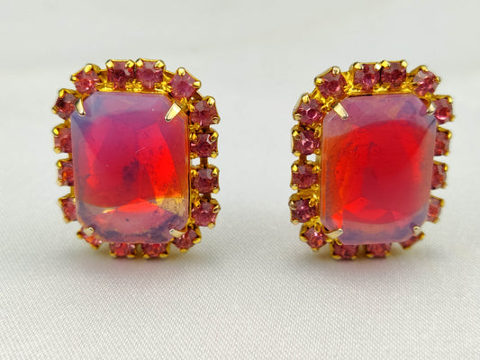 1950's Rectangular Red Glass and Plumb Rhinestone Clip Earrings