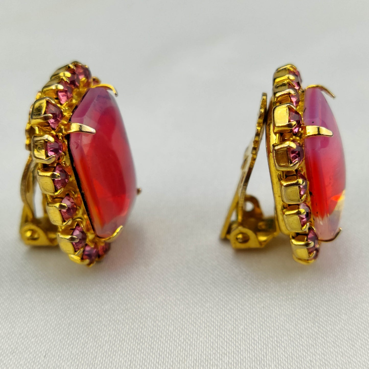 1950's Rectangular Red Glass and Plumb Rhinestone Clip Earrings