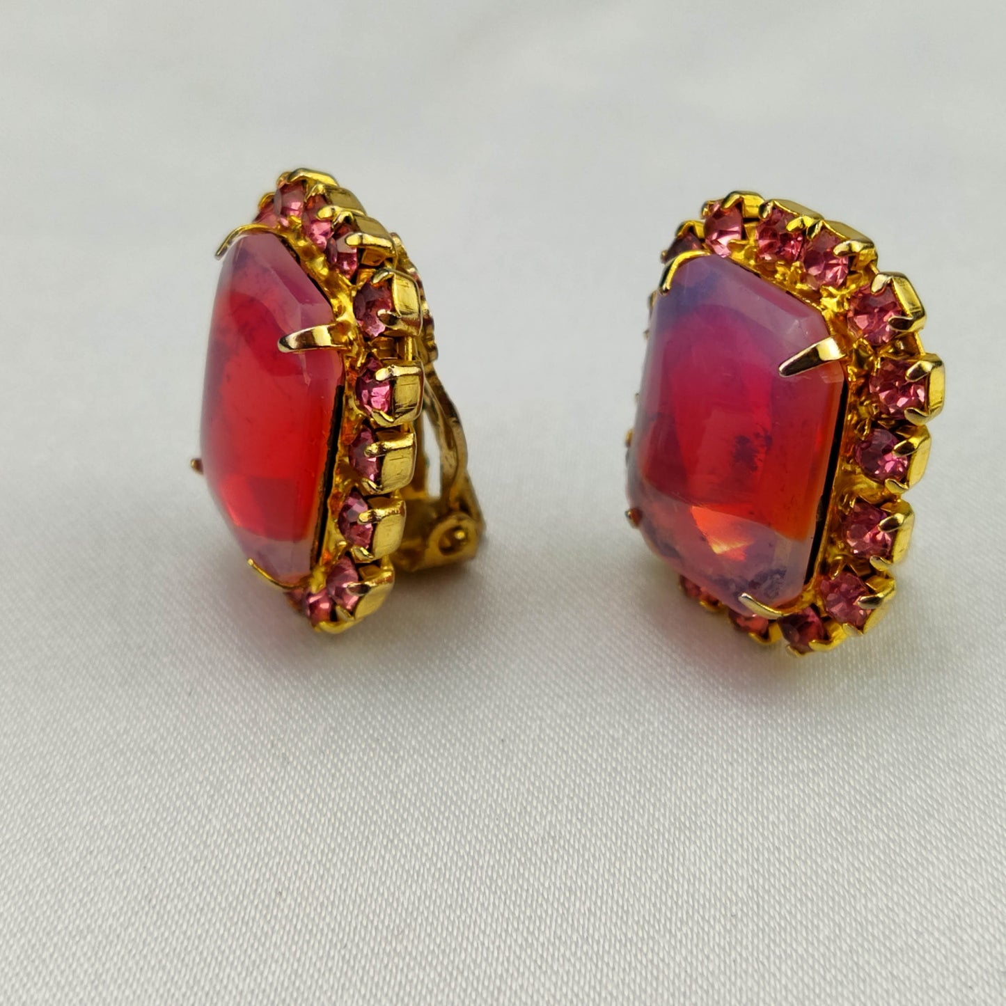 1950's Rectangular Red Glass and Plumb Rhinestone Clip Earrings