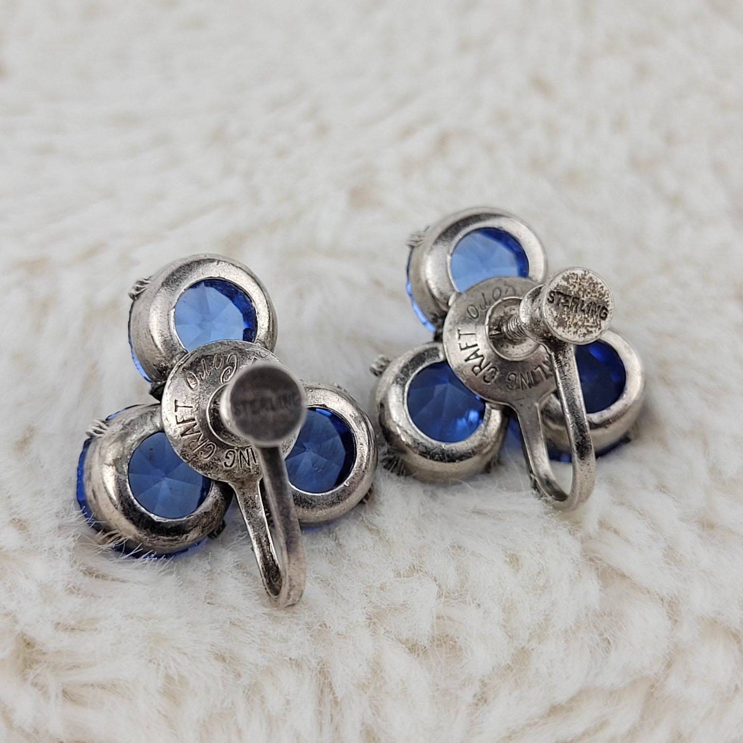 1940's Sterling Silver Blue Rhinestone Screwback Earrings by Coro