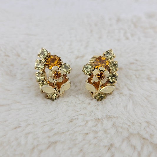 1950's Gold and Yellow Rhinestone Flower Clip Earrings