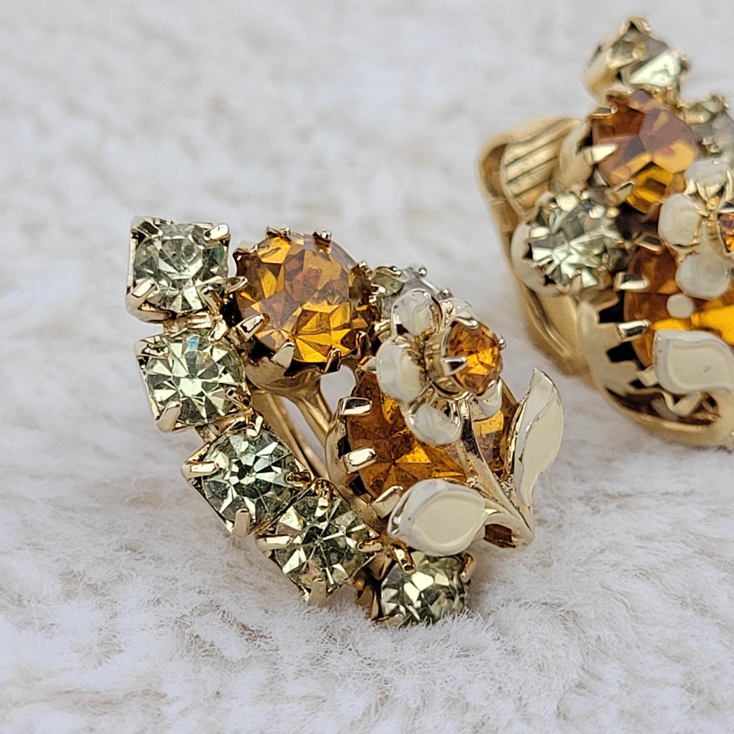 1950's Gold and Yellow Rhinestone Flower Clip Earrings