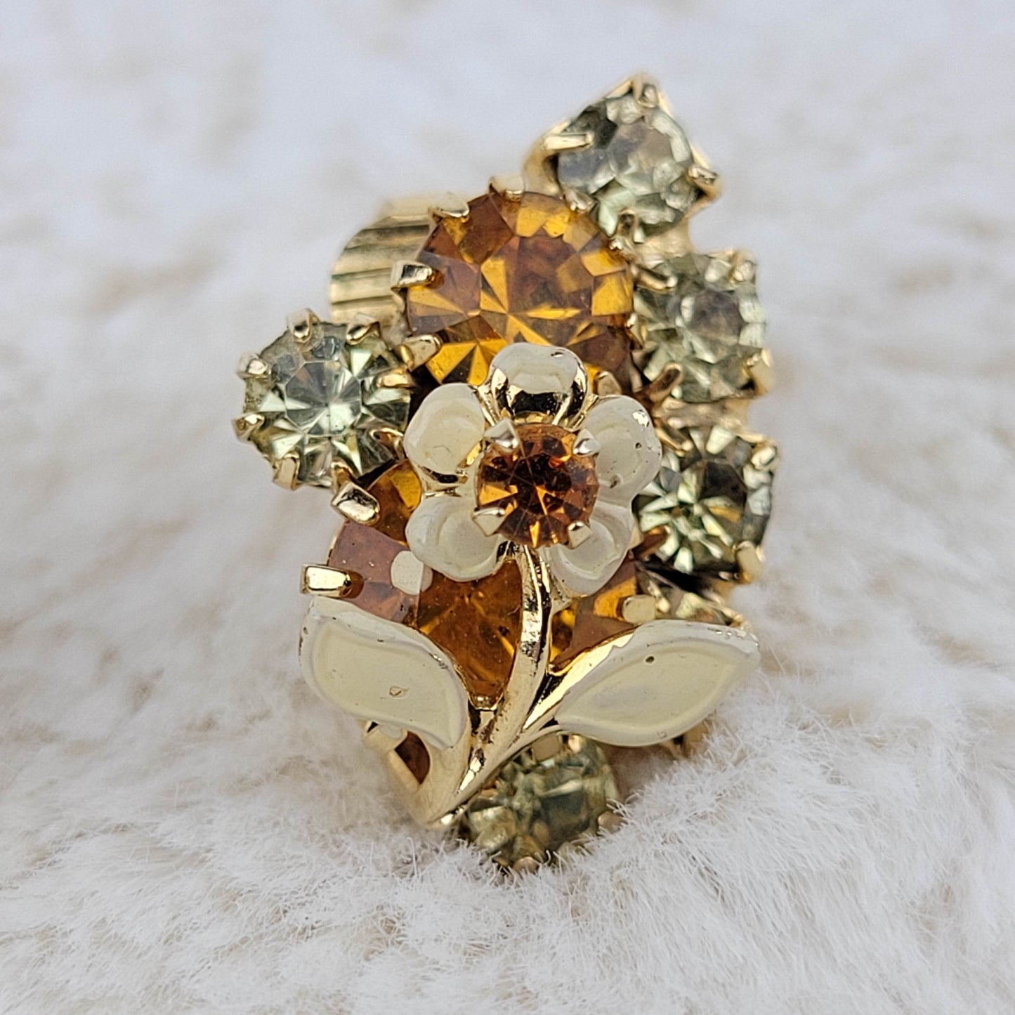 1950's Gold and Yellow Rhinestone Flower Clip Earrings