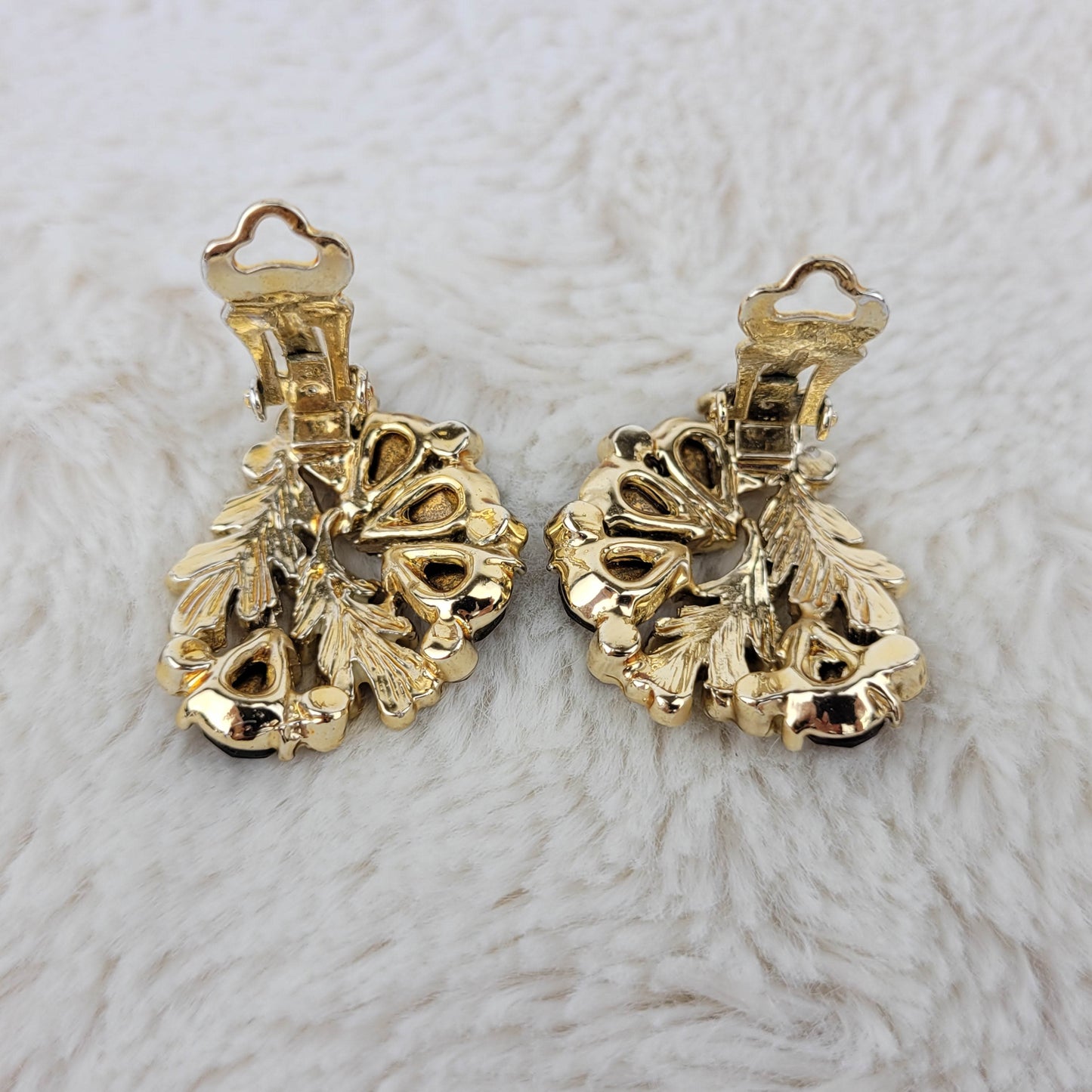 1950's Gold Leaf and Root Beer Rhinestone Cluster Clip Earrings