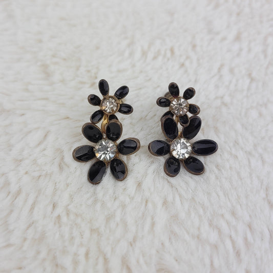 1950's Clear Rhinestone and Black Enamel Flower Screwback Earrings