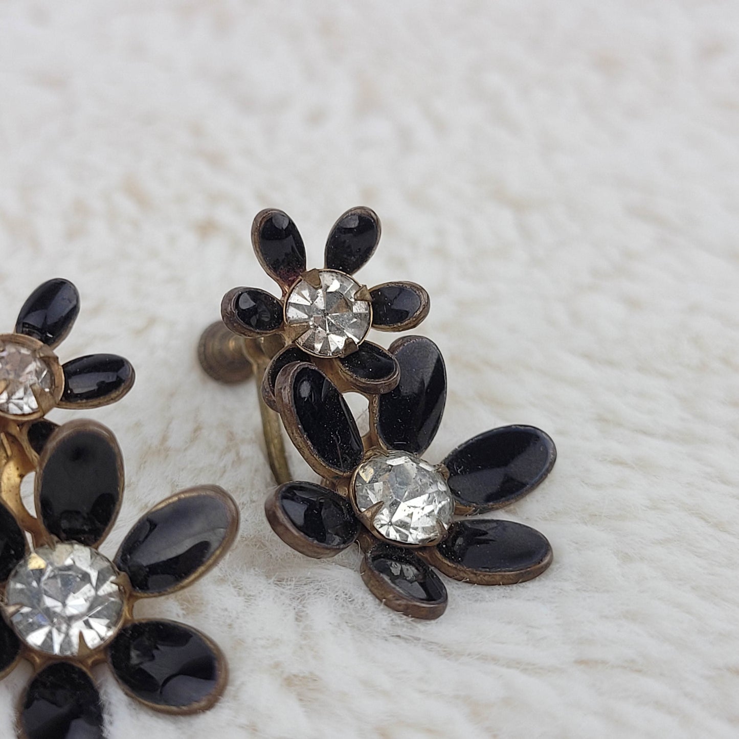 1950's Clear Rhinestone and Black Enamel Flower Screwback Earrings