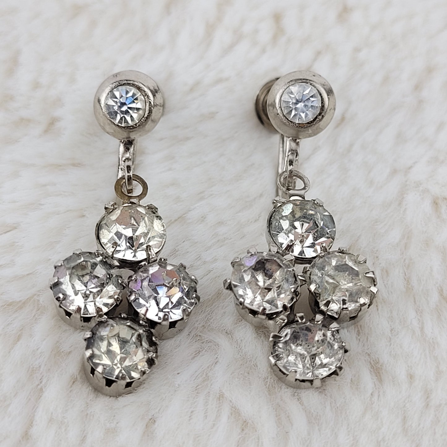 1950's Clear Rhinestone Dangle Screwback Earrings