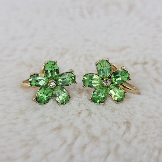 1950's Green Rhinestone Flower Screwback Earrings