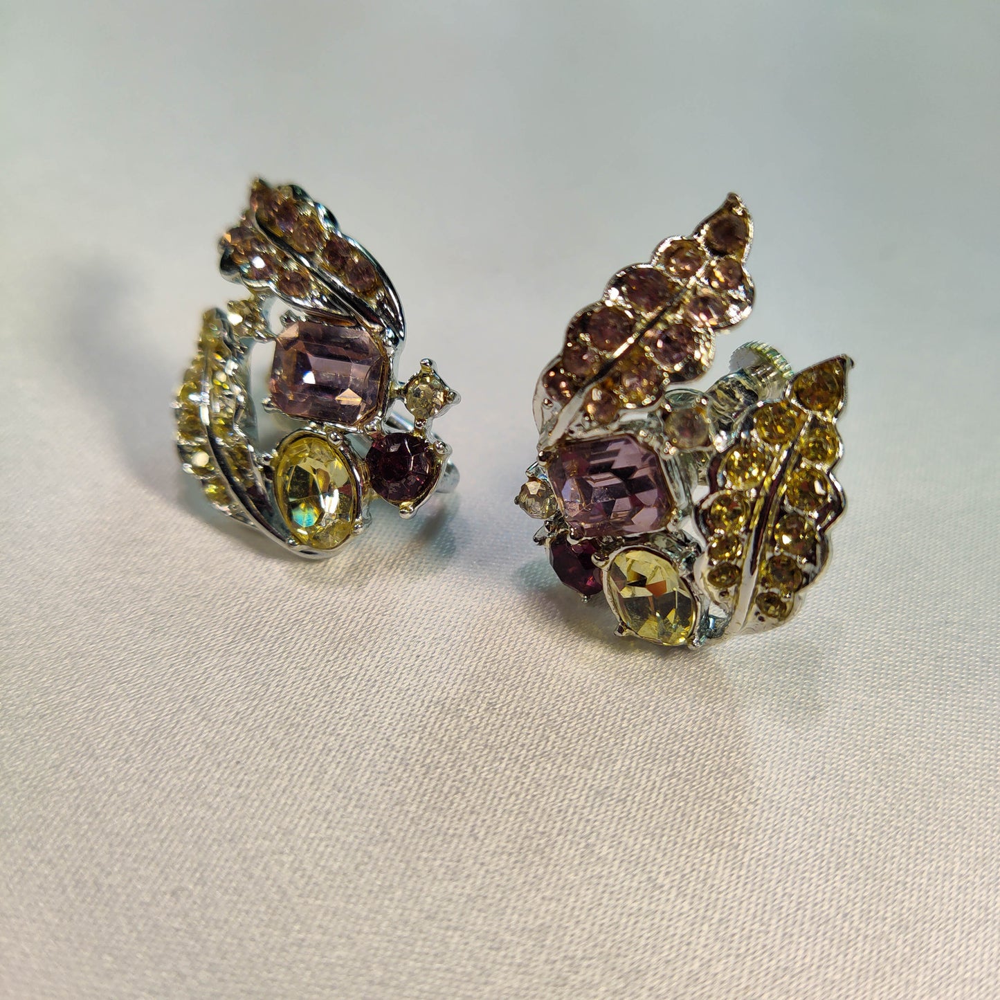 1950's Crescent Shaped Purple and Yellow Rhinestone Clip Earrings