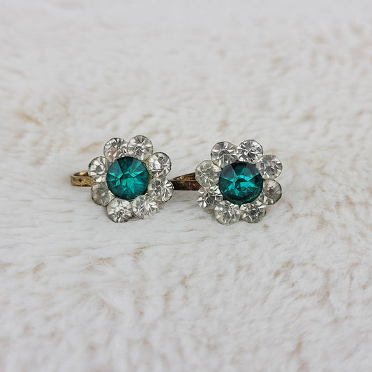 1940's Teal and Clear Rhinestone Flower Screwback Earrings