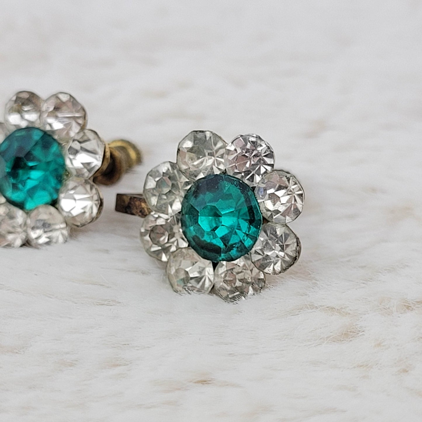 1940's Teal and Clear Rhinestone Flower Screwback Earrings