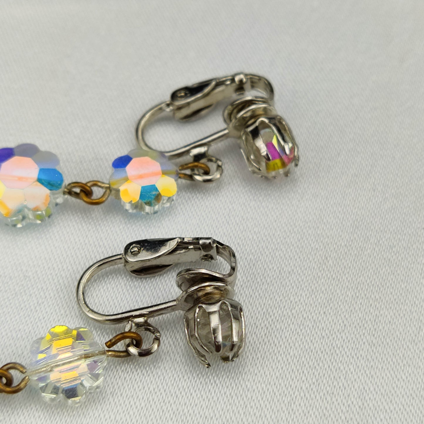 1960's Aurora Borealis Crystal Ball Dangle Clip Earrings