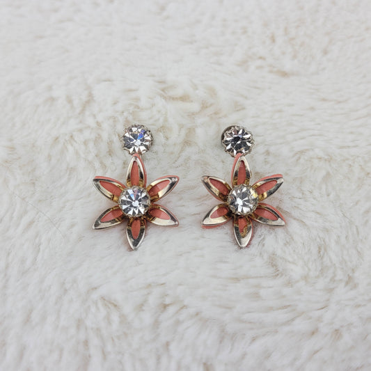 1950's Orange Flower and Clear Rhinestone Screwback Dangle Earrings