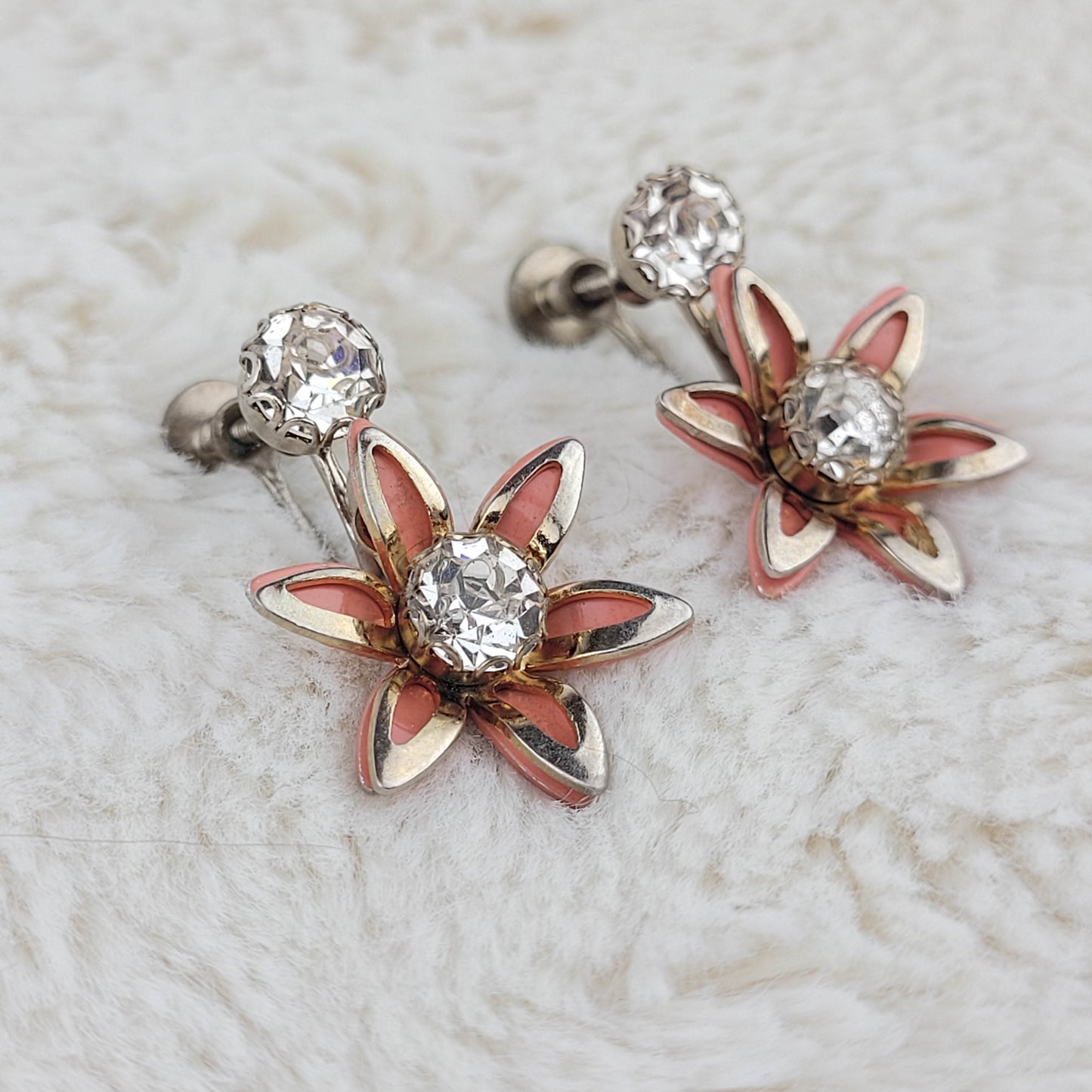 1950's Orange Flower and Clear Rhinestone Screwback Dangle Earrings