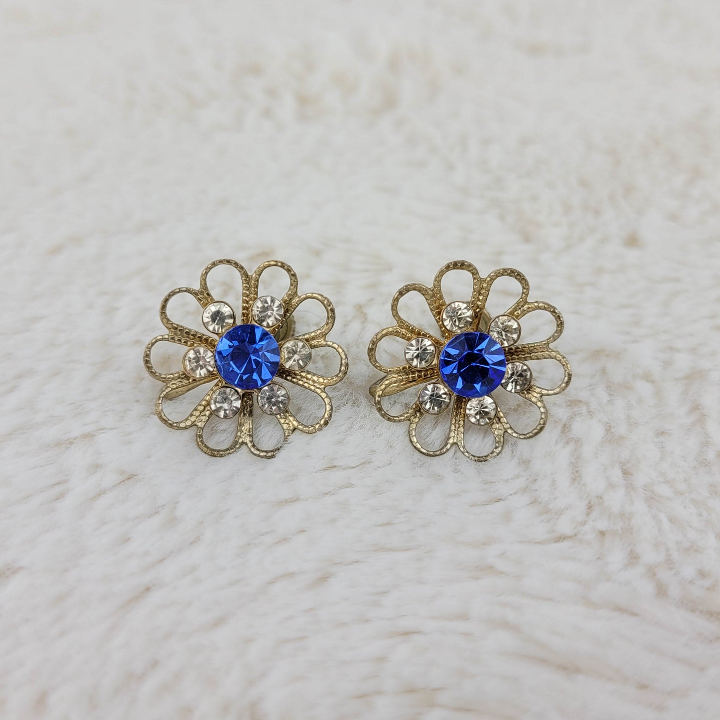 1940's Gold Flower and Cobalt Blue Rhinestone Screwback Earrings