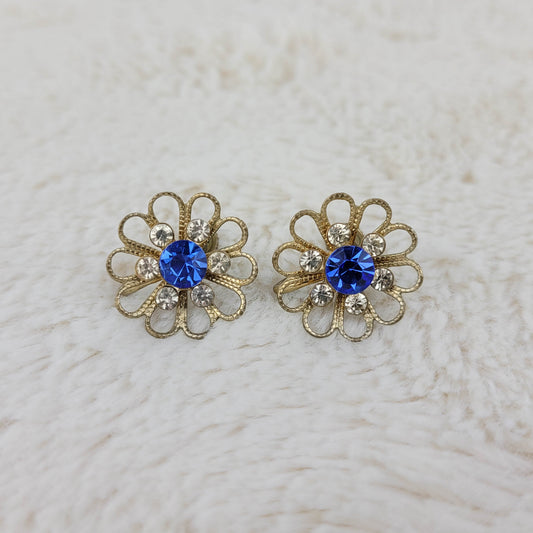 1940's Gold Flower and Cobalt Blue Rhinestone Screwback Earrings