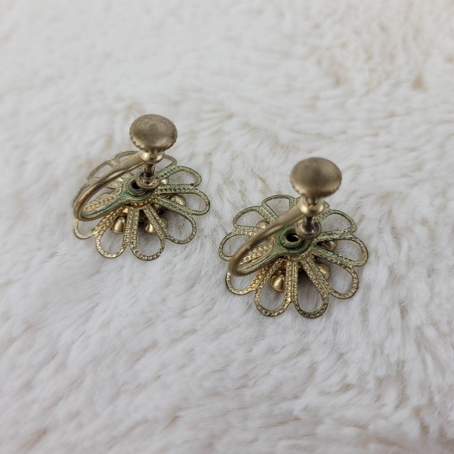 1940's Gold Flower and Cobalt Blue Rhinestone Screwback Earrings