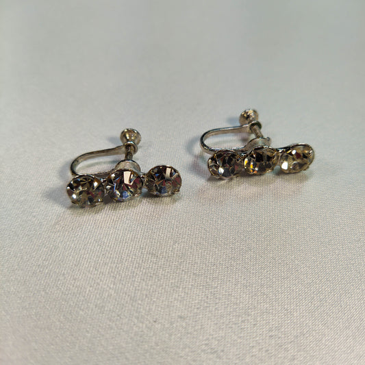 1950's Three Rhinestone Row Screwback Earrings