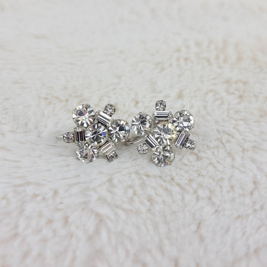 1950's Clear Rhinestone Cluster Screwback Earrings