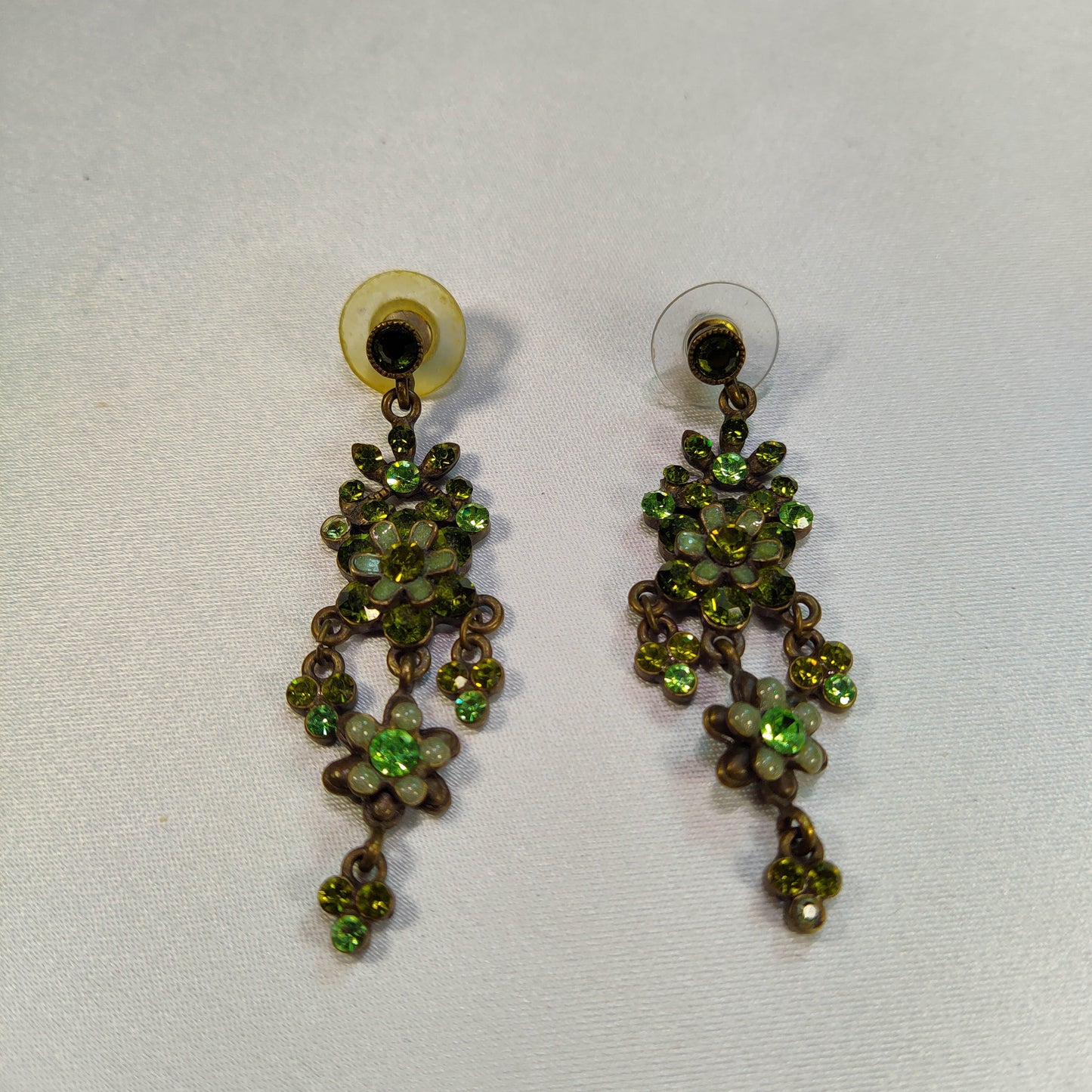 1970's Green Rhinestone Dangle Pierced Earrings