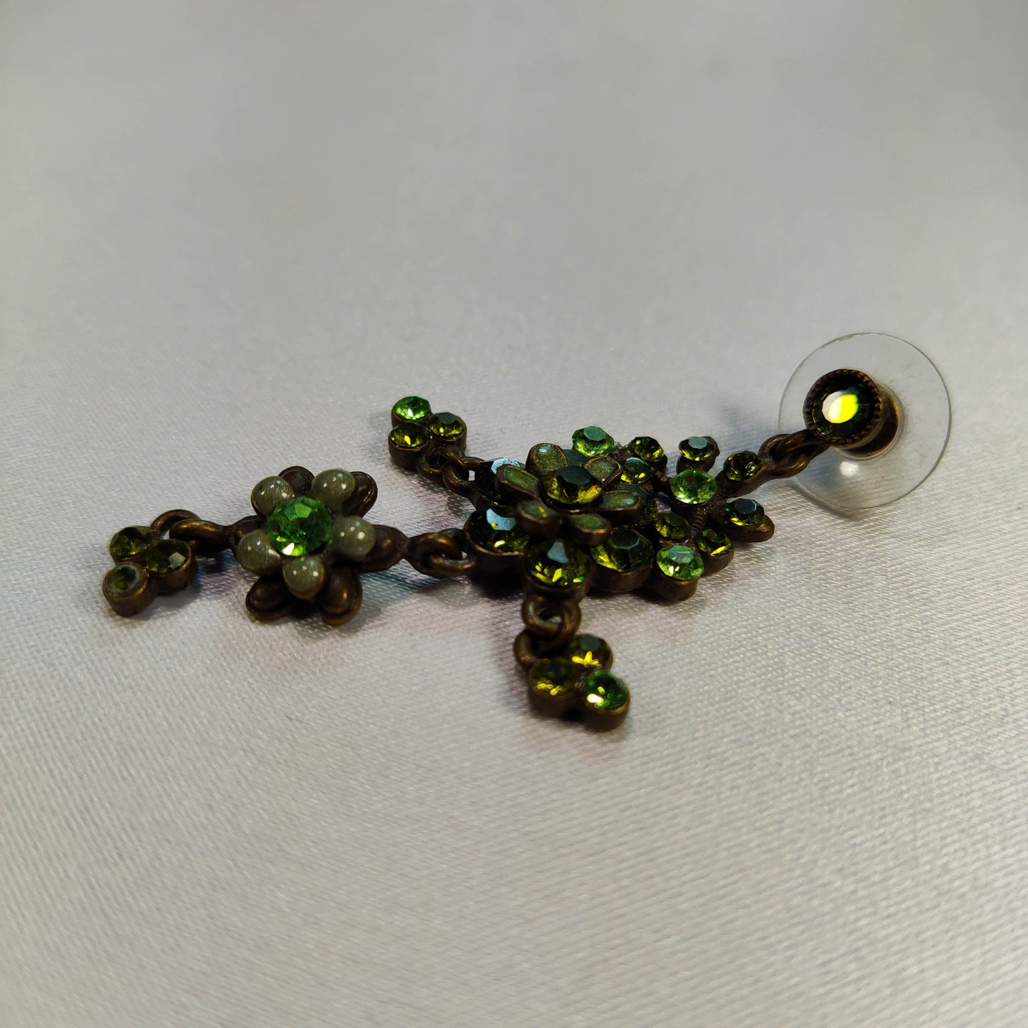 1970's Green Rhinestone Dangle Pierced Earrings