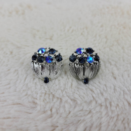 1950's Blue Aurora Borealis Silver Metal Umbrella Screwback Earrings by Lisner