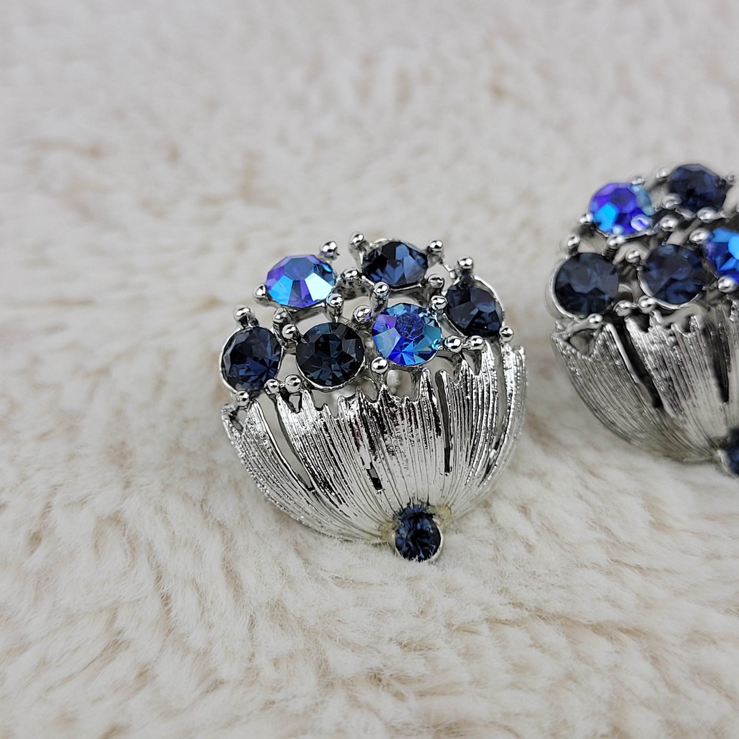 1950's Blue Aurora Borealis Silver Metal Umbrella Screwback Earrings by Lisner