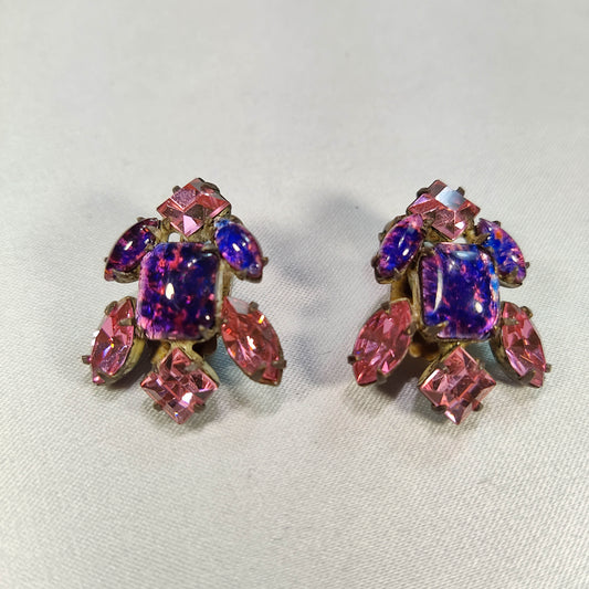 1950's Pink and Speckled Purple Rhinestone Clip Earrings