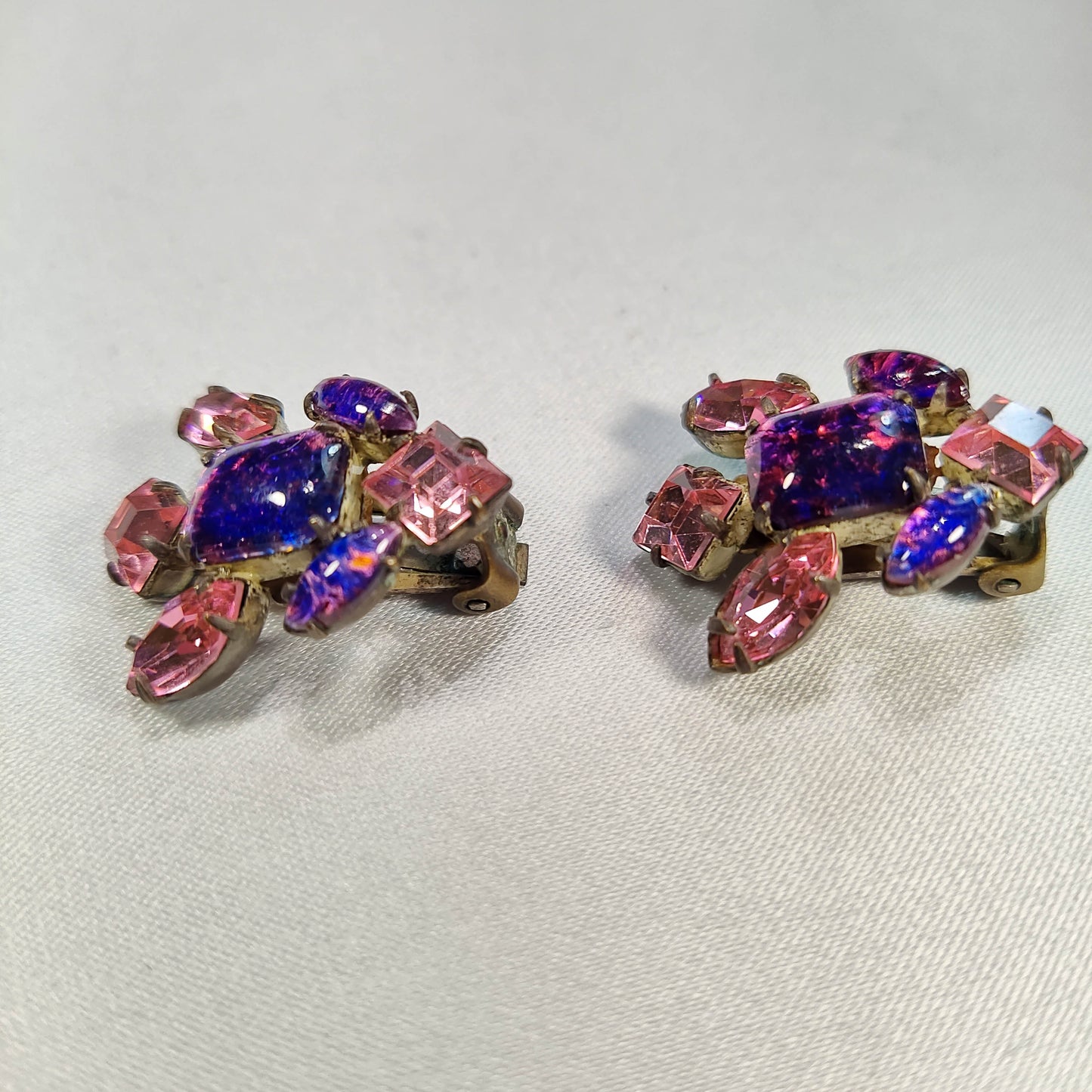 1950's Pink and Speckled Purple Rhinestone Clip Earrings