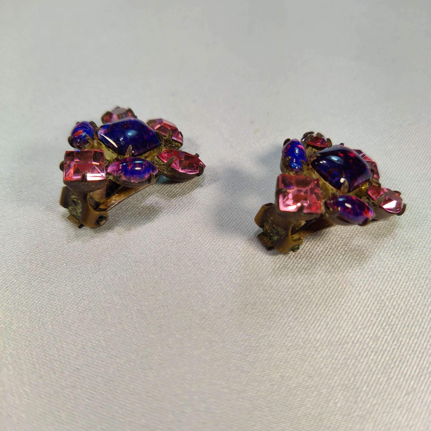 1950's Pink and Speckled Purple Rhinestone Clip Earrings