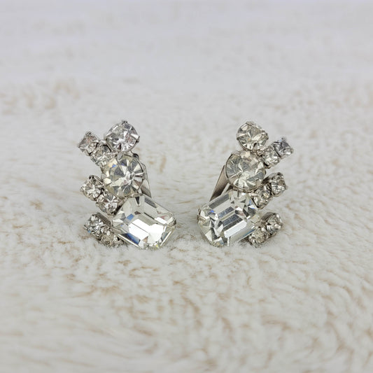 1950's Clear Rhinestone Cluster Clip Earrings