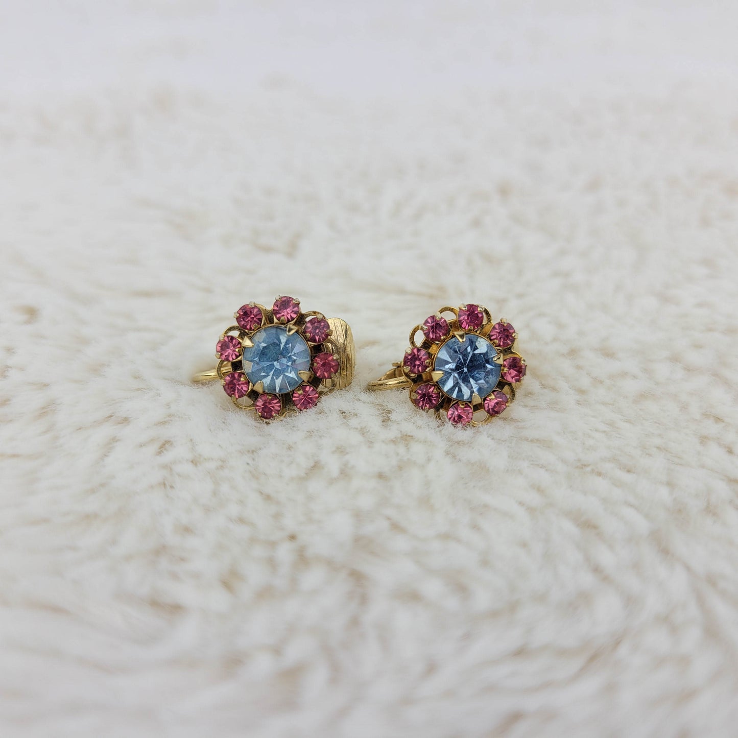 1950's Blue and Pink Rhinestone Clip Earrings By Judy Lee