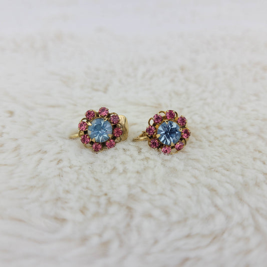 1950's Blue and Pink Rhinestone Clip Earrings By Judy Lee