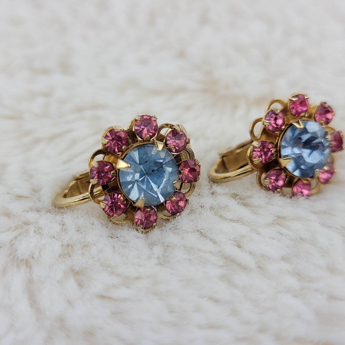 1950's Blue and Pink Rhinestone Clip Earrings By Judy Lee