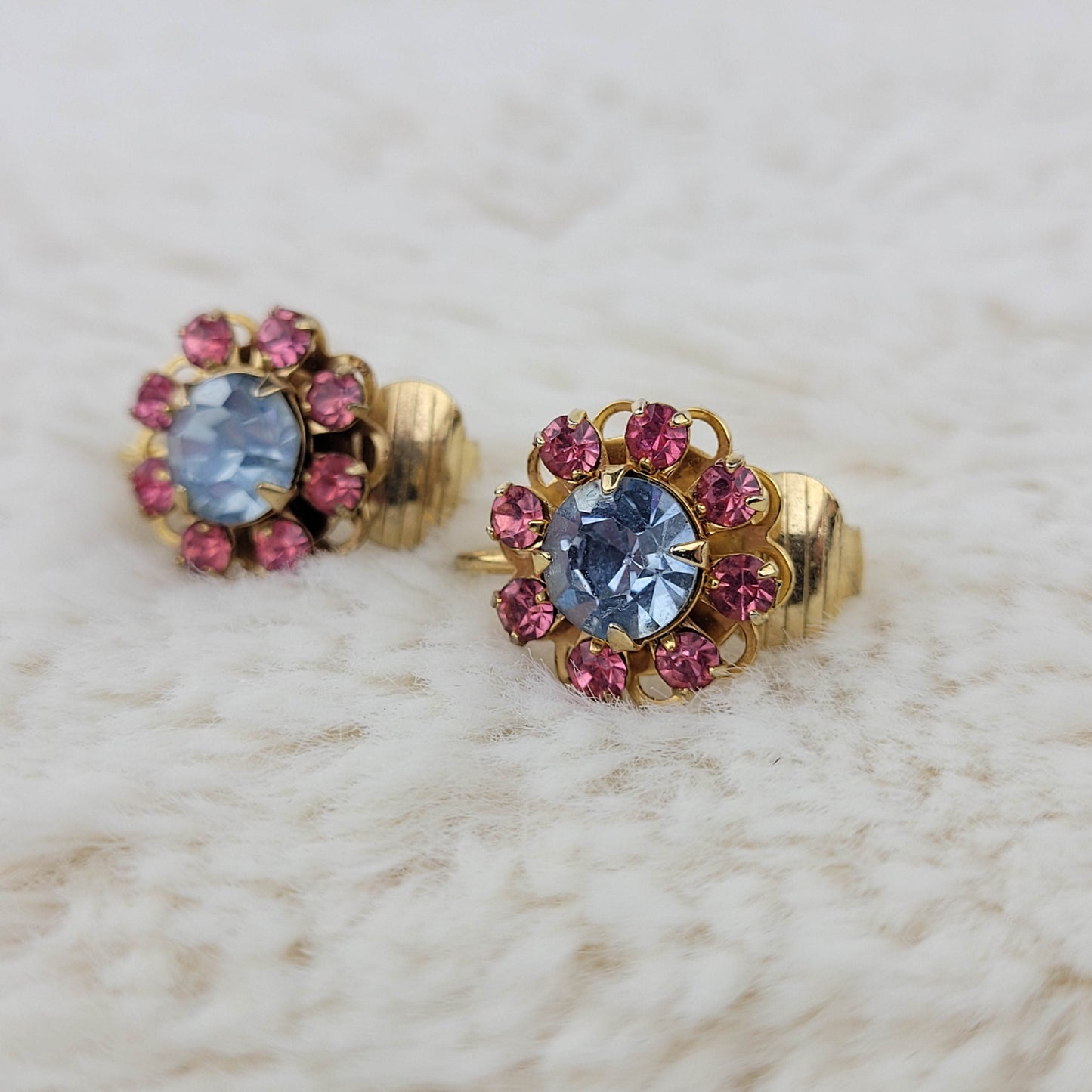 1950's Blue and Pink Rhinestone Clip Earrings By Judy Lee