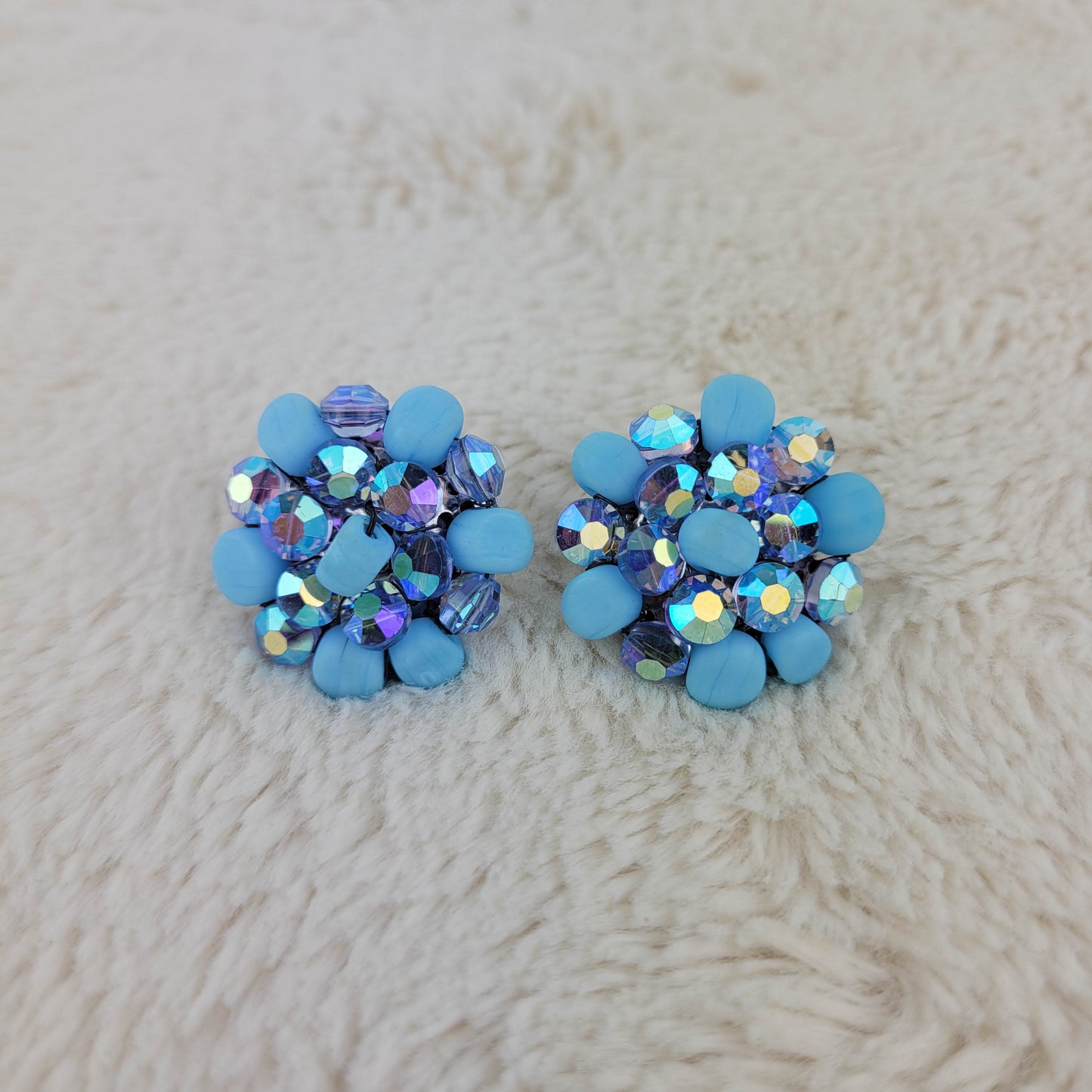 1950's Blue Bead and Aurora Borealis Crystal Cluster Clip Earrings by Vogue