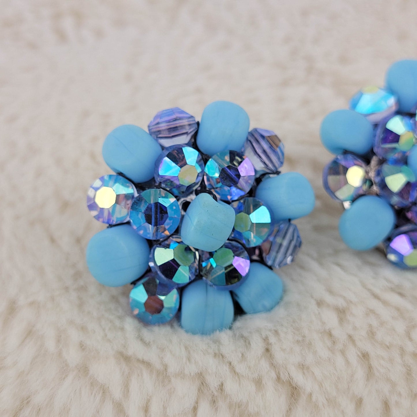 1950's Blue Bead and Aurora Borealis Crystal Cluster Clip Earrings by Vogue