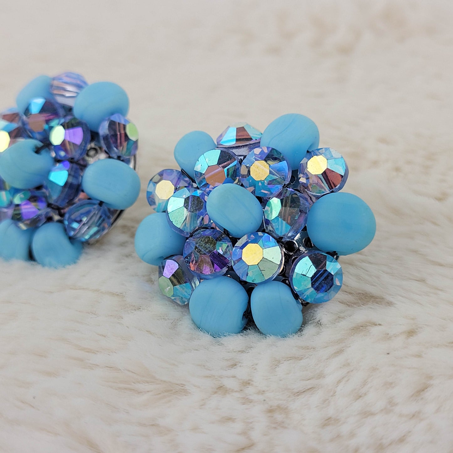 1950's Blue Bead and Aurora Borealis Crystal Cluster Clip Earrings by Vogue