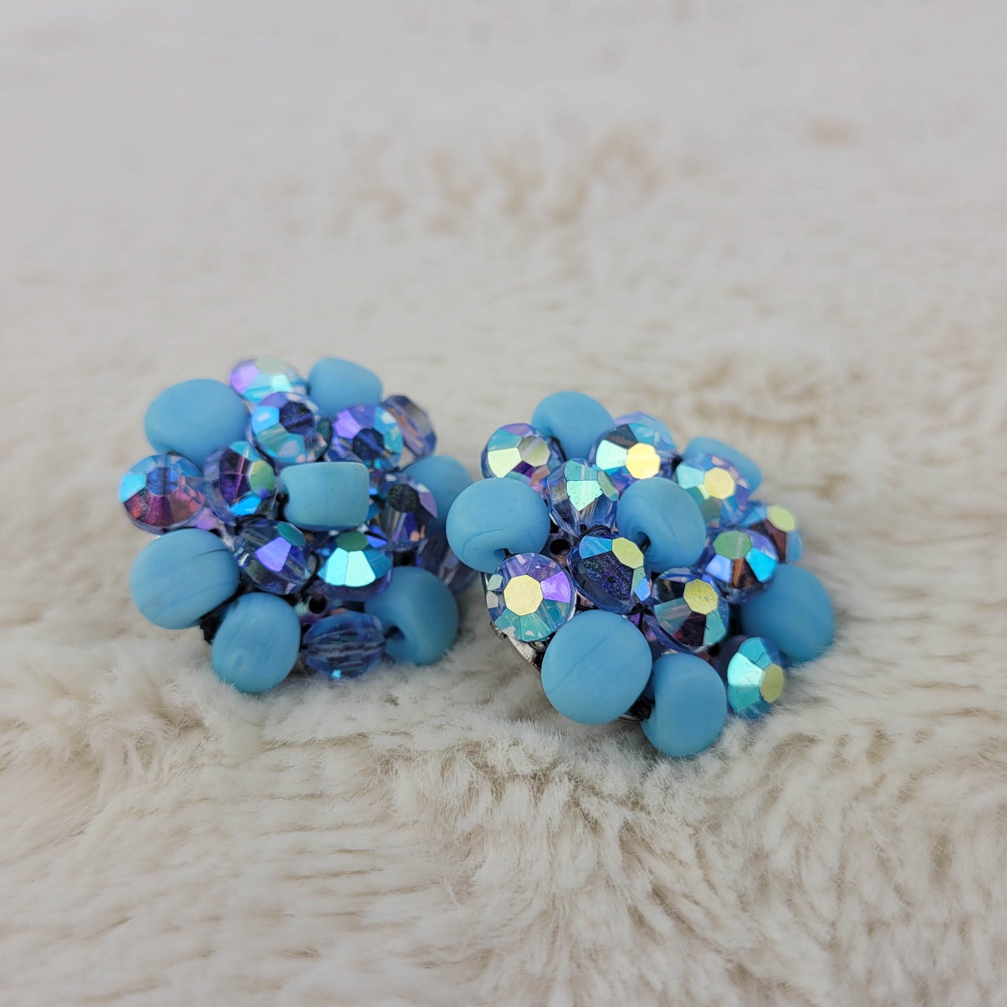 1950's Blue Bead and Aurora Borealis Crystal Cluster Clip Earrings by Vogue