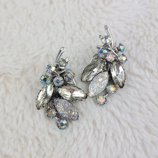 1950's Oval Clear Crystal Rhinestone Leaf Clip Earrings by Cable