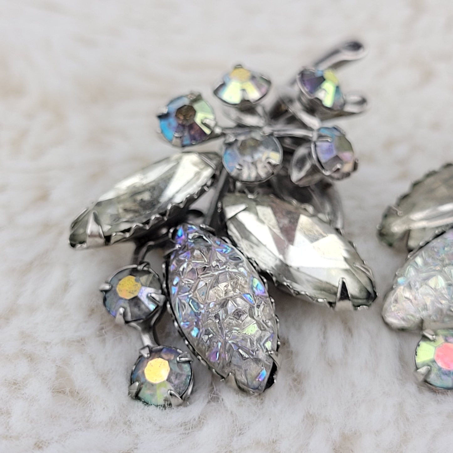 1950's Oval Clear Crystal Rhinestone Leaf Clip Earrings by Cable