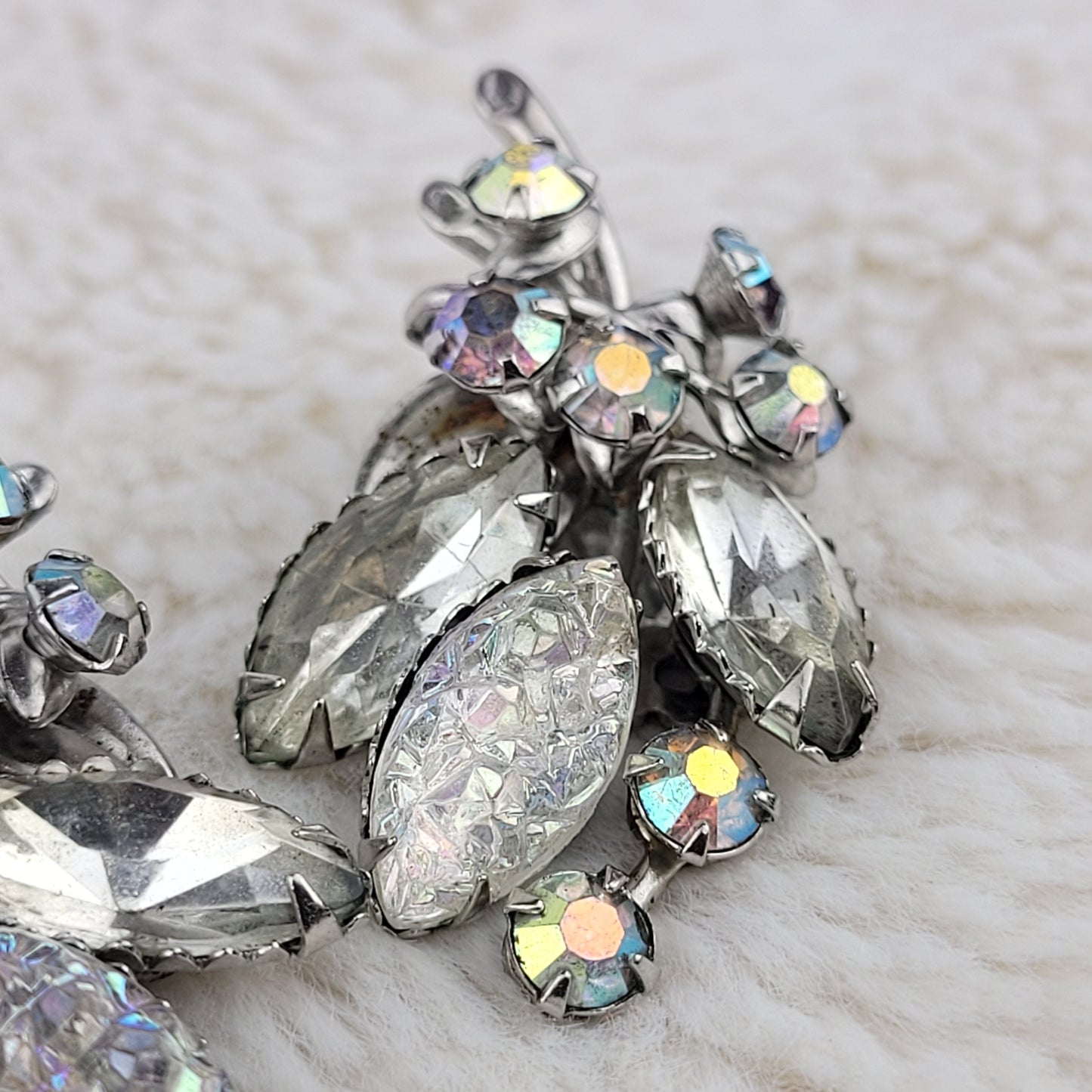 1950's Oval Clear Crystal Rhinestone Leaf Clip Earrings by Cable