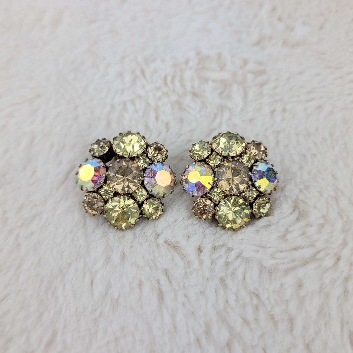 1950's Yellow Aurora Borealis Rhinestone Circle Clip Earrings