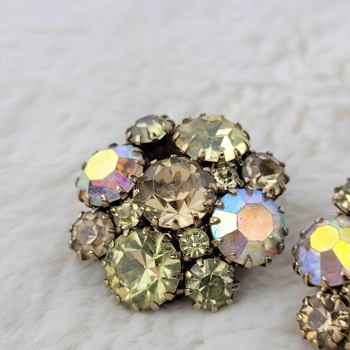 1950's Yellow Aurora Borealis Rhinestone Circle Clip Earrings