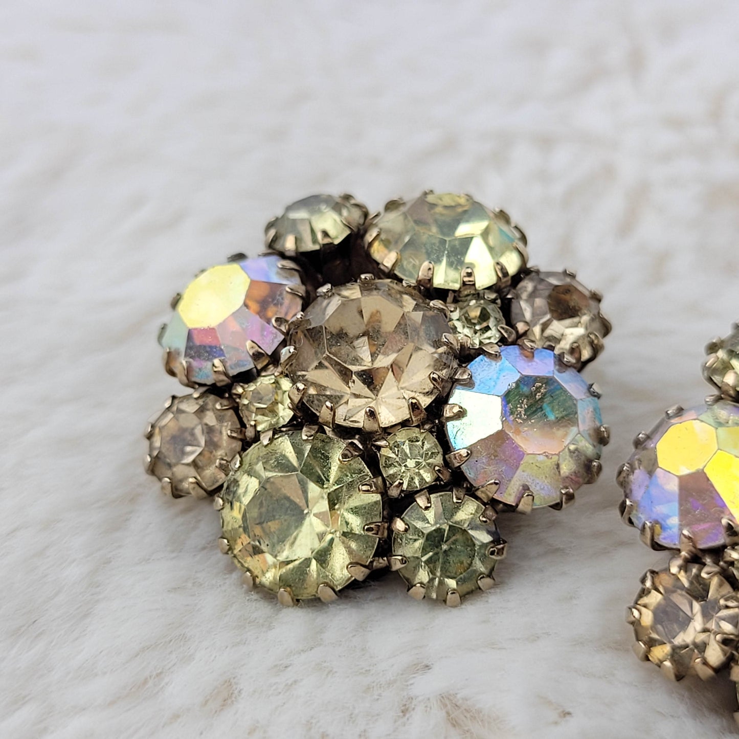 1950's Yellow Aurora Borealis Rhinestone Circle Clip Earrings