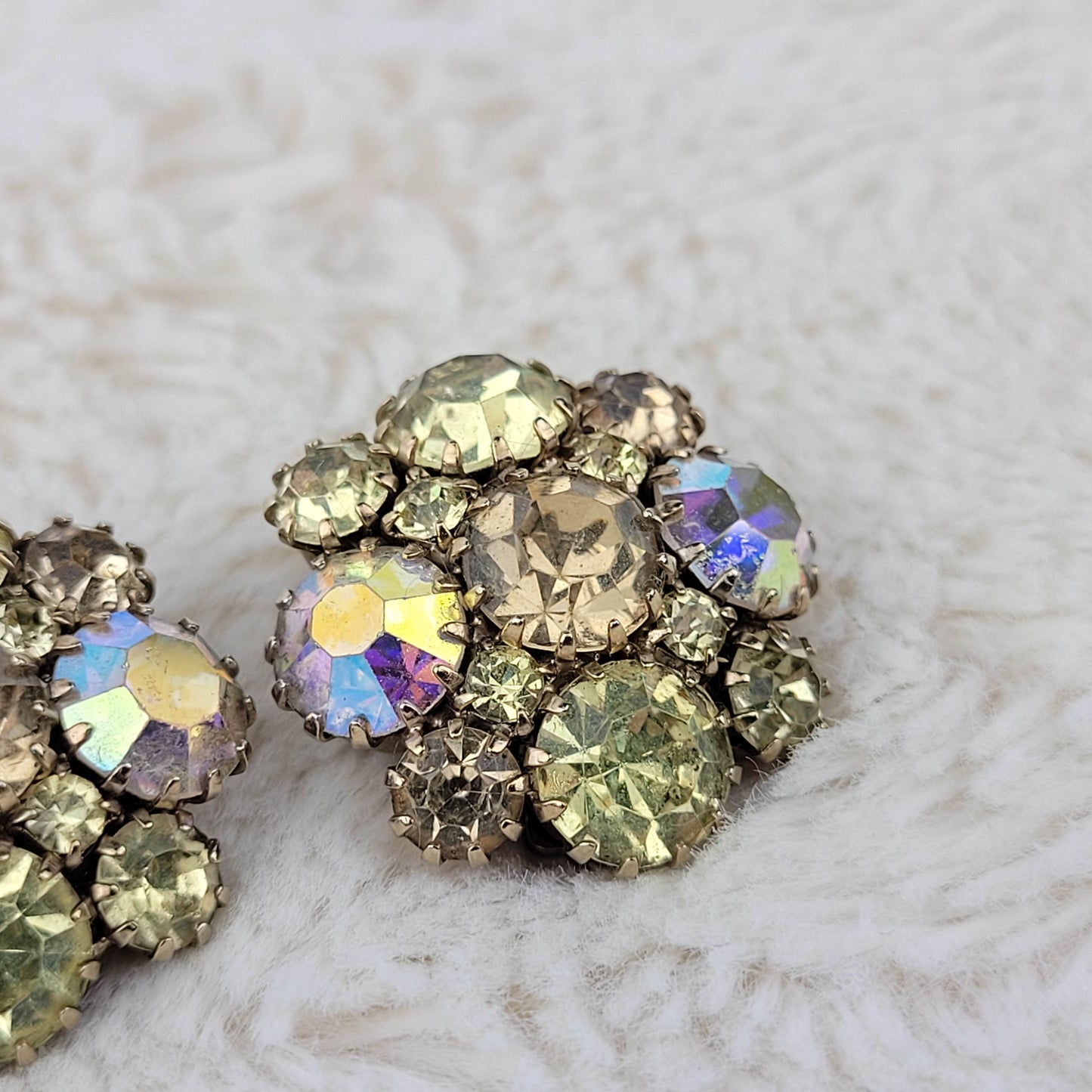 1950's Yellow Aurora Borealis Rhinestone Circle Clip Earrings