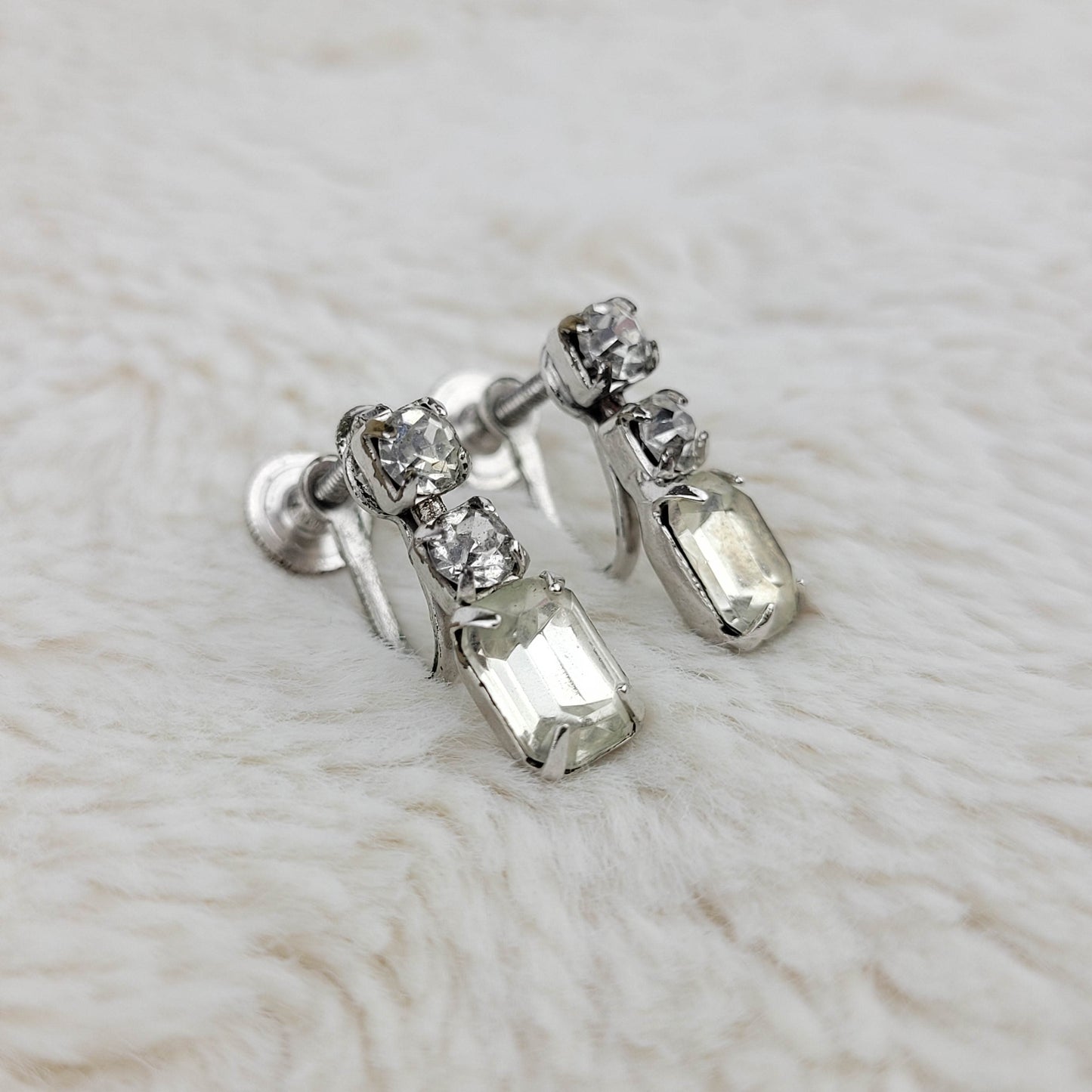 1950's Clear Rhinestone Drop Screwback Earrings