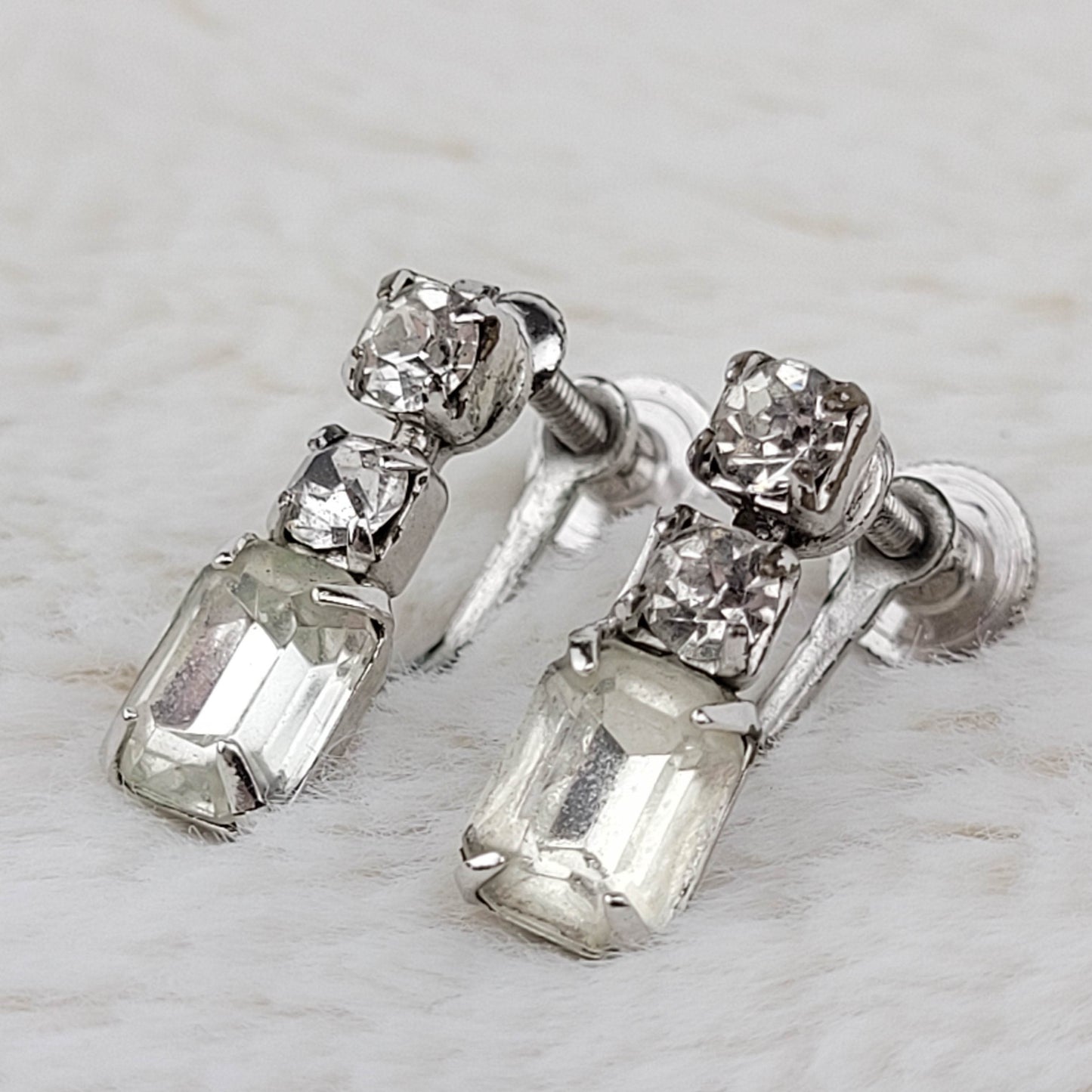 1950's Clear Rhinestone Drop Screwback Earrings